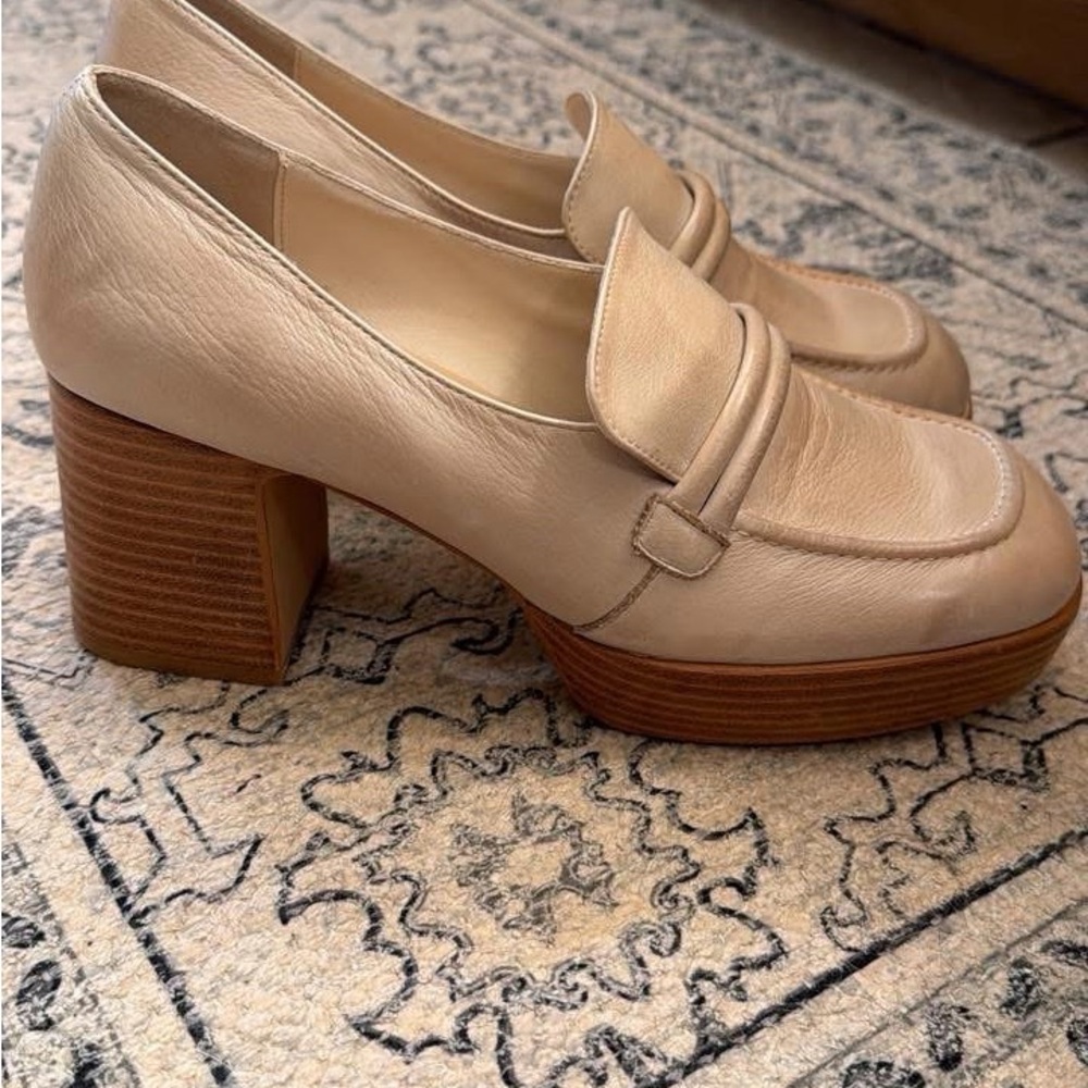 Cream Leather Block Heel Loafers with Platform